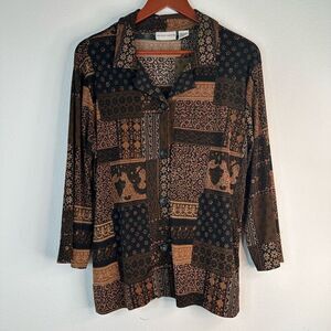 Vintage Jaclyn Smith Boho Patchwork Button Front Top Womens Medium 90’s Stretch